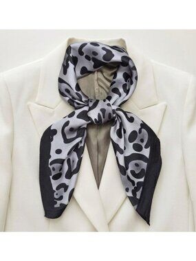 Elegant Grey Leopard Print Silky Satin Square Scarf Fashion Neck Wrap Accessory